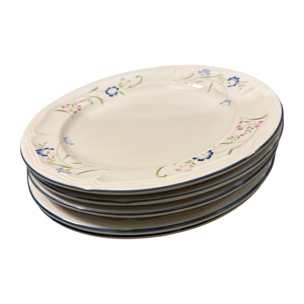 VTG Blue Shades Crest Floral Stoneware Dinner Plates - Set of 4 By Citation